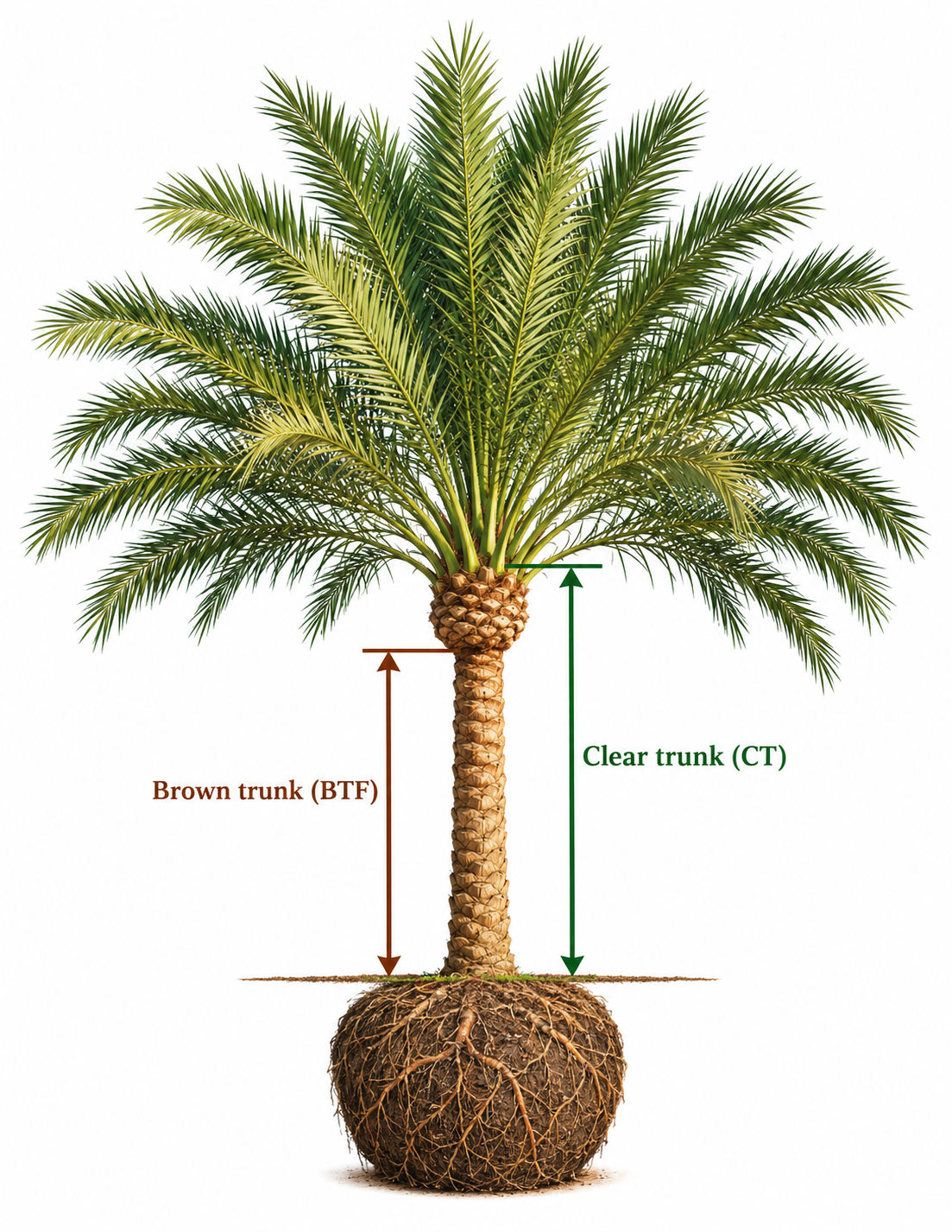 Palm measurement guide: Brown Trunk Footage (BTF) ends below the pineapple. Clear Trunk (CT) extends higher to the heart or base of the crown. Both are measured from ground level, not the bottom of the root ball.
